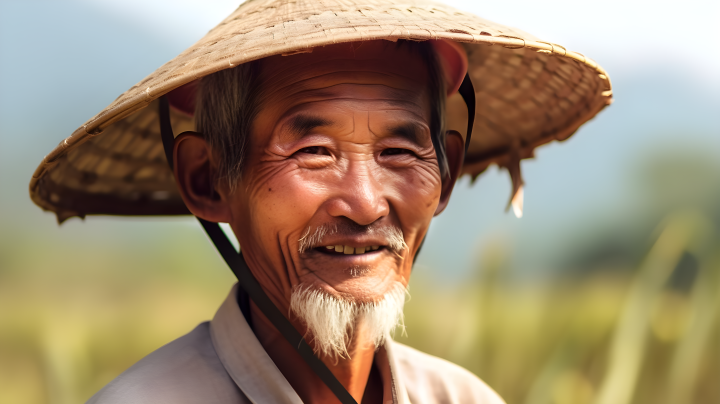 微笑的稻草帽老人摄影版权图片下载