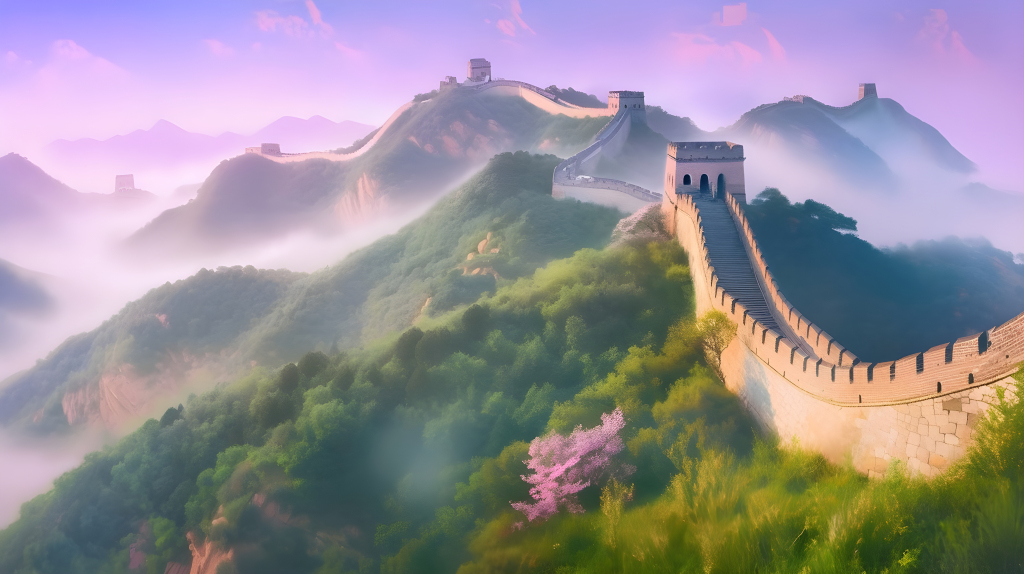 紫红色天空雄伟长城摄影图片