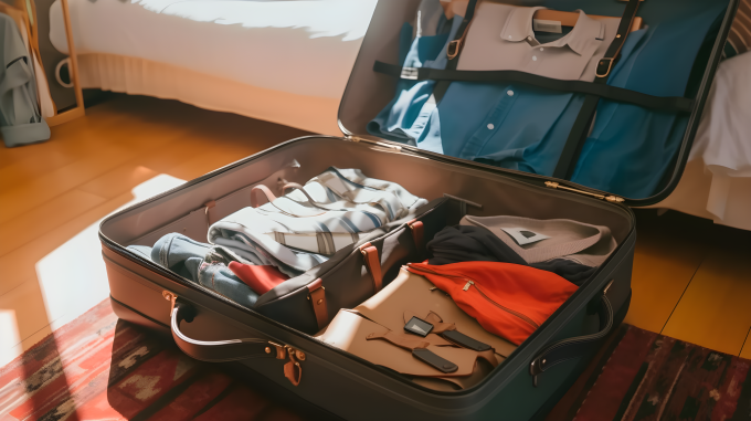 开放式行李箱里的时尚衣物、笔记本电脑的真实摄影图片