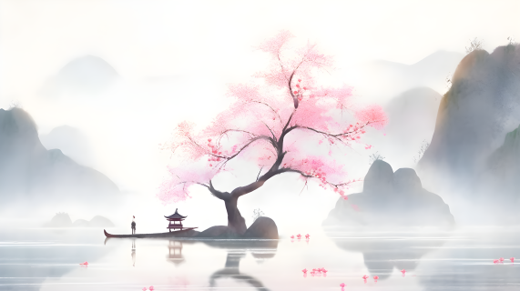 淡粉桃树湖中央凉亭水墨风格摄影图片