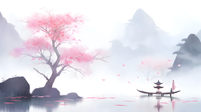 水墨画风景湖畔淡粉桃树摄影图