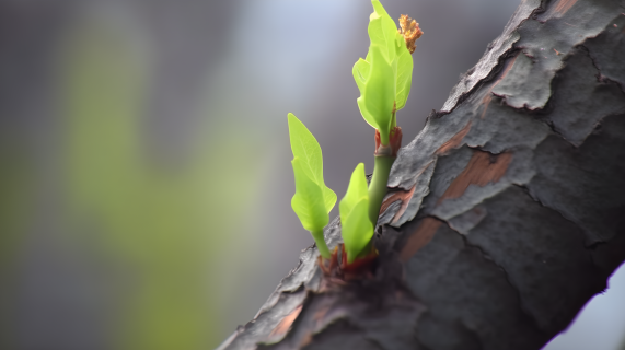嫩绿芽在树干上生长的摄影图片