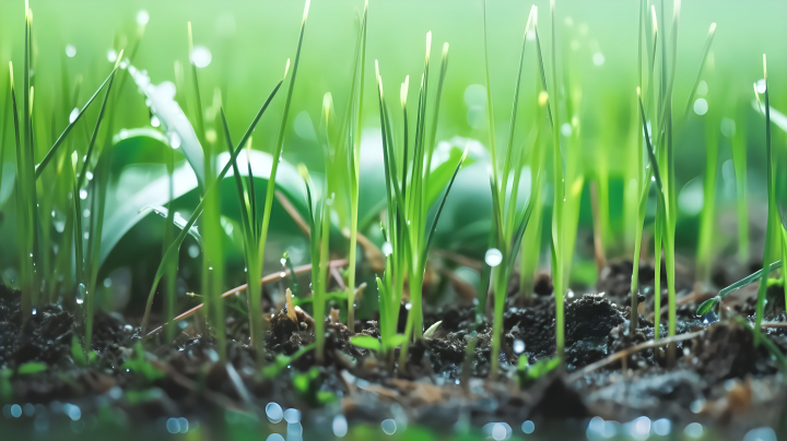 雨后黑土上翠绿嫩芽摄影图版权图片下载