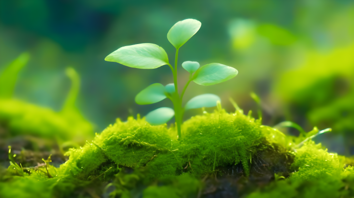 苔藓上的嫩绿芽，充满活力的写实风摄影版权图片下载
