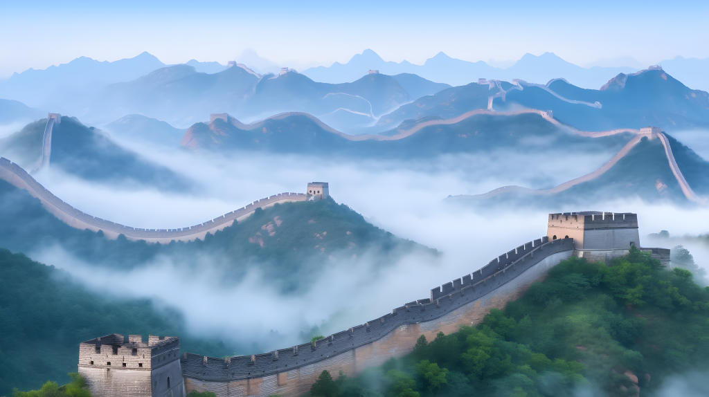 湛蓝天空下的万里长城摄影图片