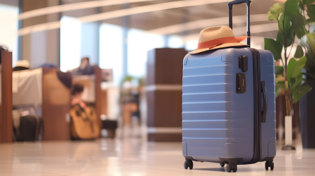 机场大厅内有一只挂着帽子的行李箱，摄影图片