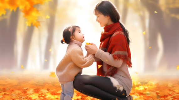 秋日风光中的母亲喂围巾，双手抱着小女孩摄影图片