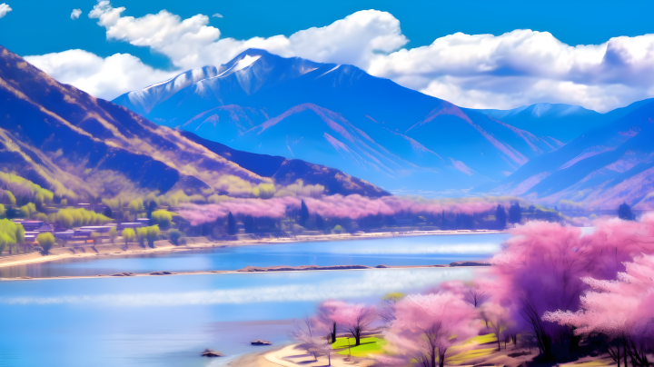 湖畔真实风景：遥远的山脉，粉色桃花林摄影版权图片下载