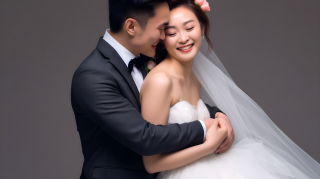 新婚夫妇手牵手拍摄婚纱照图片