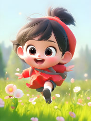女孩在草地上奔跑幸福笑容摄影图