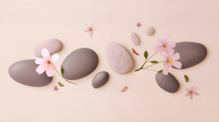 石头与花朵漂浮在米色背景上的摄影图片