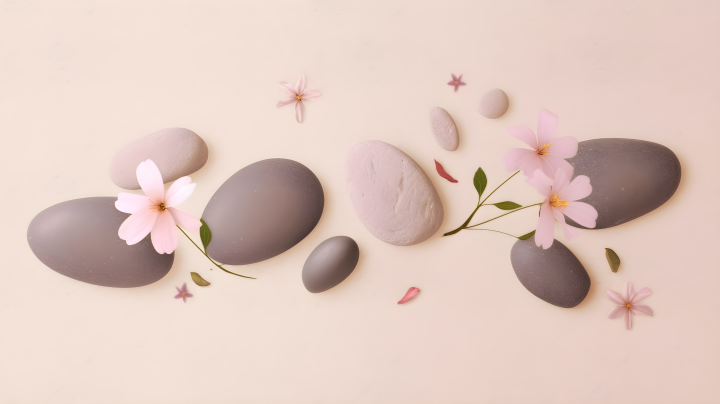 石头与花朵漂浮在米色背景上的摄影版权图片下载