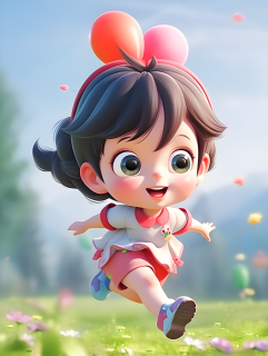 快乐少女奔跑在草地上明亮大眼睛照耀摄影图