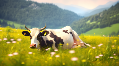 山间牧场上休息的黄绿相间牛摄影图片
