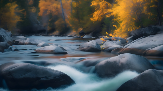 暗绿和深黄的河流中的岩石与植被，带有树木的摄影图