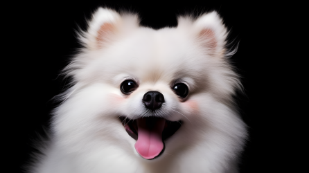 白色波美拉尼亚犬张嘴坐在黑色背景前的摄影图片