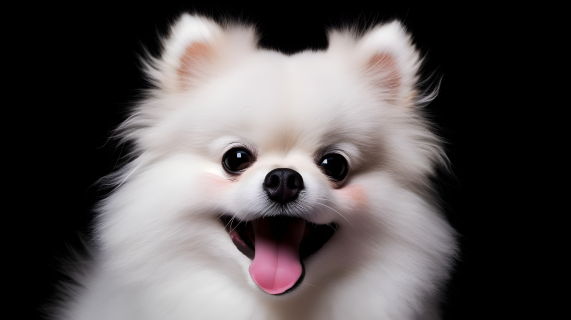 白色波美拉尼亚犬张嘴坐在黑色背景前的摄影图片