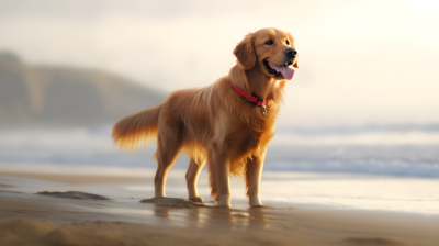 海滩上的金毛猎犬摄影图