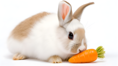 可爱白棕兔子吃胡萝卜的摄影图片