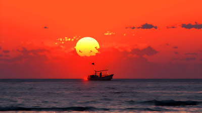 夕阳余晖中的海上之舟
