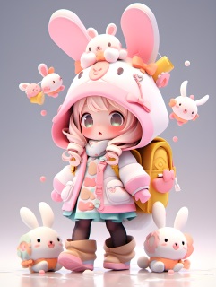 可爱女孩穿粉色衣服戴黄帽子兔耳的POP MART风格盲盒人物设计摄影图片