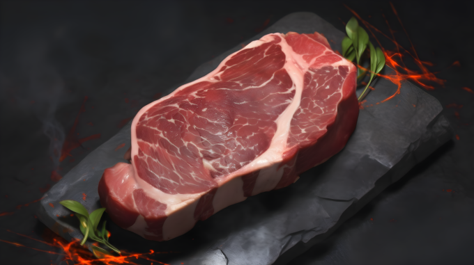 银色石头盘上的牛排配胡椒和香料摄影图片