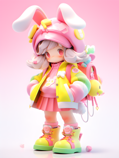 可爱少女穿粉色衣服戴黄帽兔耳POP MART风格摄影图片
