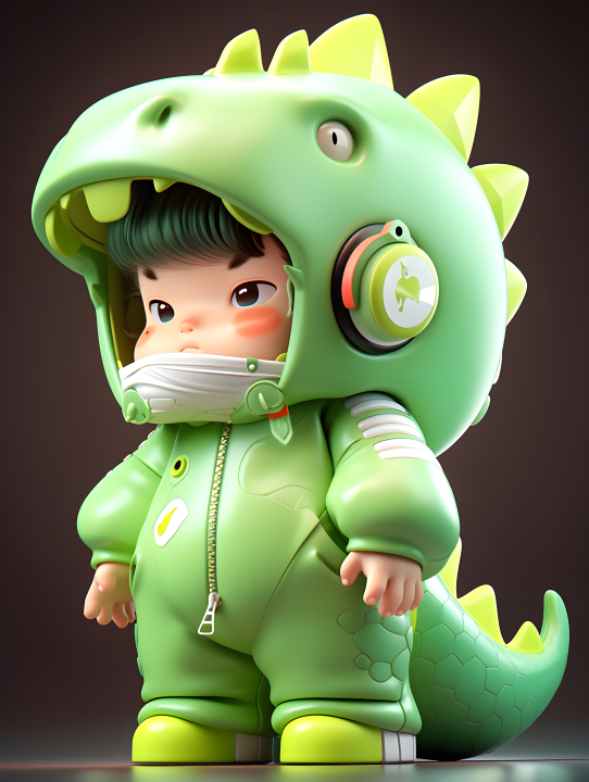 卡通男孩穿着绿色恐龙睡衣摄影图版权图片下载
