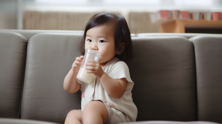 一岁亚洲女童坐在沙发上喝冰沙的摄影图片