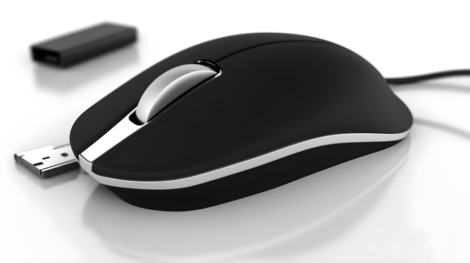 黑色鼠标配USB充电线摄影图片