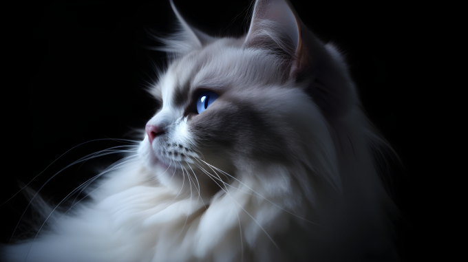白色毛绒猫侧身注视后方的暗蓝天与银色光芒摄影图