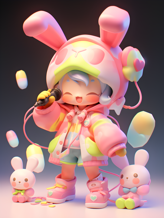 POP MART风格可爱女孩，粉色衣服和黄色帽子，兔耳朵，全身摄影图版权图片下载
