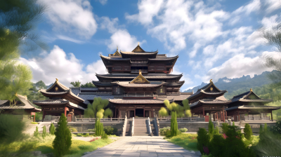 古木雕艺与宏伟天空的佛教寺庙摄影图片