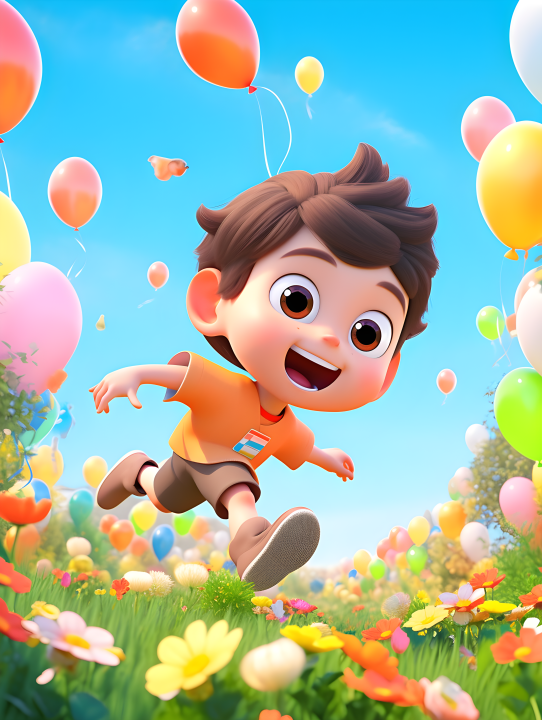 快乐童年亚洲男孩在草地上奔跑的摄影版权图片下载