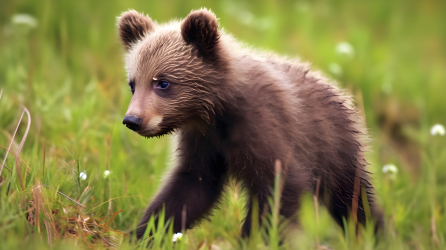 草地上的棕熊幼崽摄影图