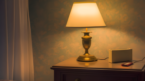 金棕色的床头灯在卧室的摄影图片