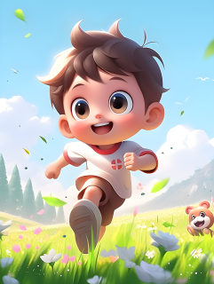 快乐亚洲男孩奔跑在草地上摄影图