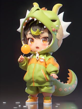 萌萌哒卡通男孩穿着恐龙睡衣摄影图片