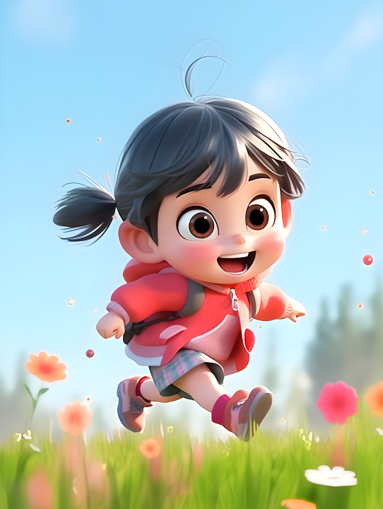 快乐亚洲女孩奔跑在草地上摄影版权图片下载