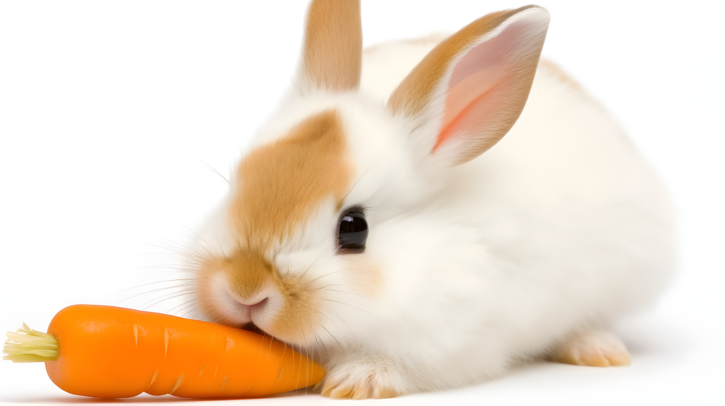 可爱白棕兔子吃胡萝卜摄影图片