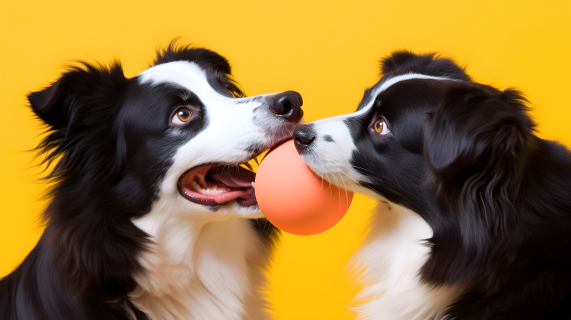 边境牧羊犬玩橙球的摄影图