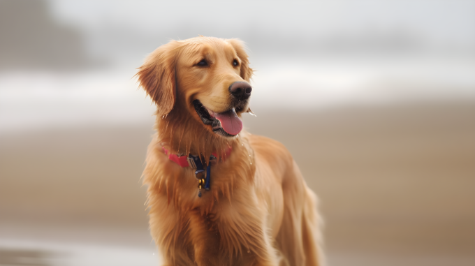 日落沙滩上的金毛猎犬摄影图
