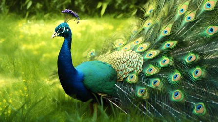 绿野上的孔雀：光栗色与深蓝色的摄影图片