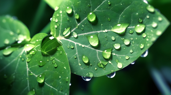 水滴覆盖的绿叶摄影图片
