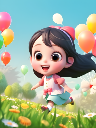快乐女孩奔跑在绿草地上，明亮大眼睛美丽灿烂的微笑摄影图