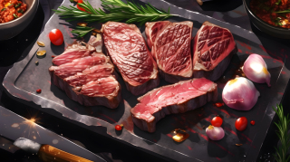 石板上的牛排配胡椒和香料摄影图片