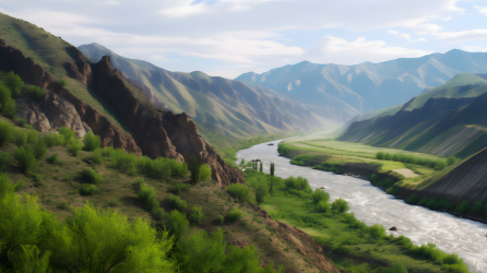 山谷河流，风景如画的草坡和背景中的高山摄影图片