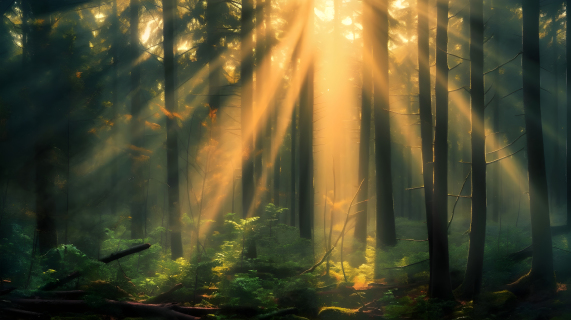 阳光照耀森林，青绿与明金交织的信仰启示摄影图
