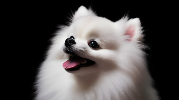 一只黑色背景下的憨态可掬白色波美拉尼亚犬摄影图片