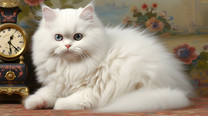 古风强烈表情的白猫坐在地毯旁的钟表摄影图